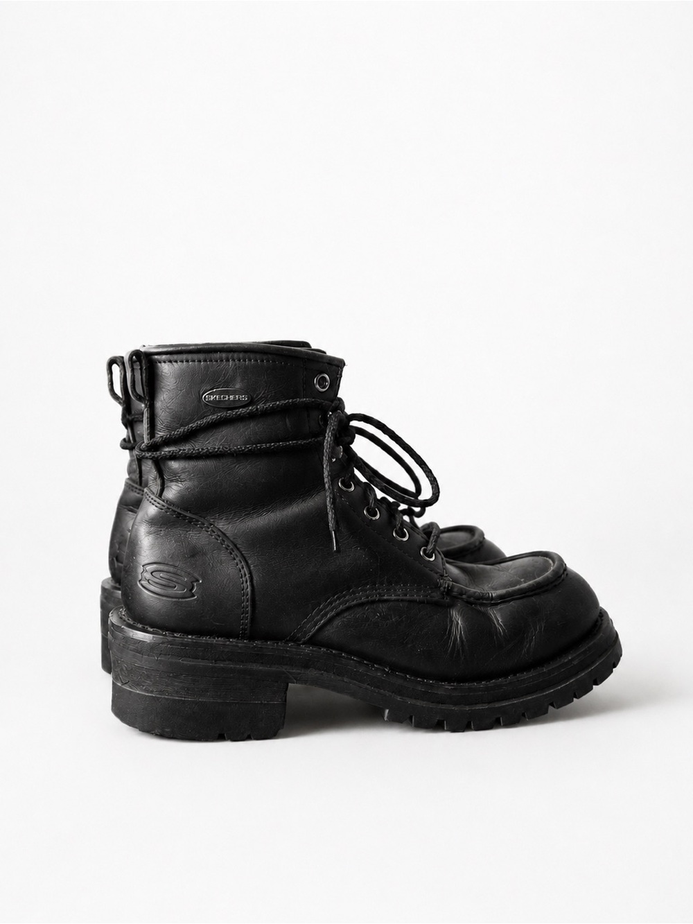 90s Vintage Skechers Laramie Black Leather Lace-Up Combat Grunge Boots - Size 9